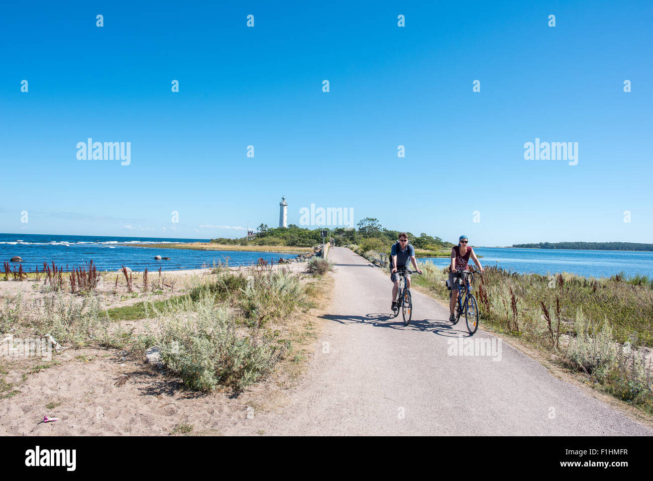 The famous lighthouse “Långe Erik” (= Tall Erik) on the northern point of Swedish Baltic Sea island Oland. Stock Photo