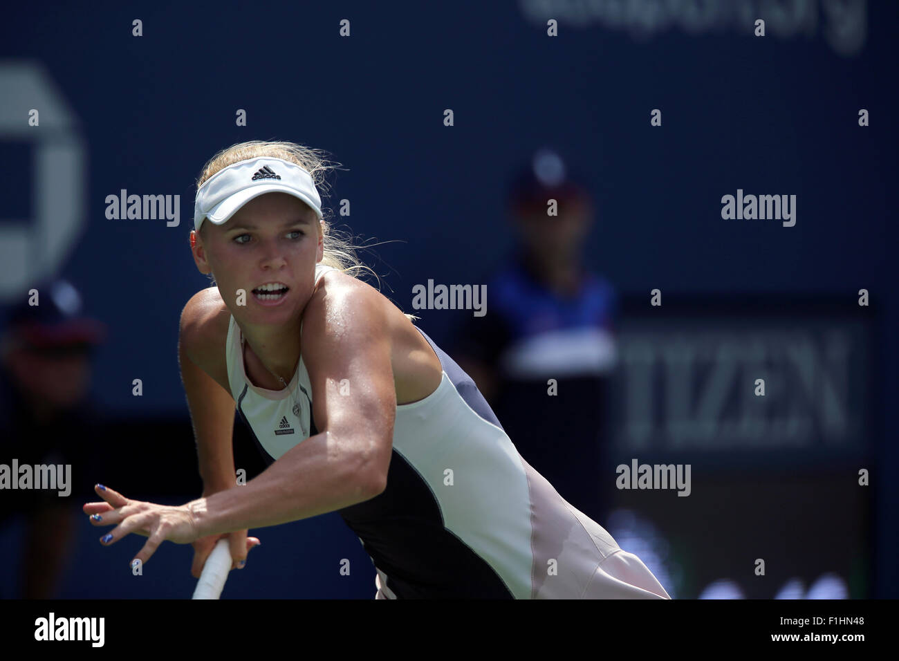 Flushing Meadows, New York, USA. 01st Sep, 2015. Denmark's Caroline Wozniacki, the number 4 seed,  during her first round Jamie Loeb of the United States at the U.S. Open in Flushing Meadows, New York. Credit:  Adam Stoltman/Alamy Live News Stock Photo