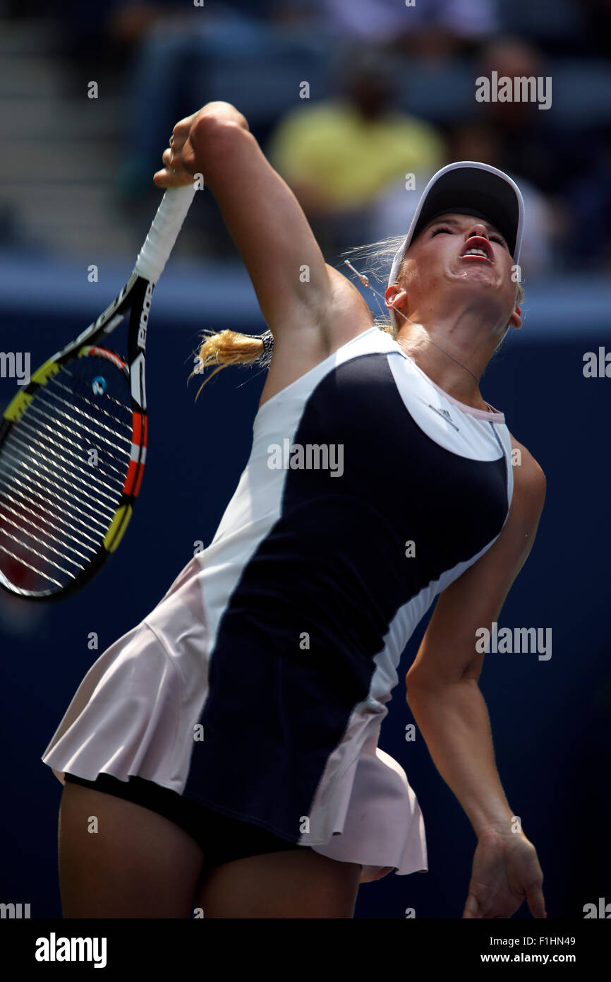 Flushing Meadows, New York, USA. 01st Sep, 2015. Denmark's Caroline Wozniacki, the number 4 seed,  during her first round Jamie Loeb of the United States at the U.S. Open in Flushing Meadows, New York. Credit:  Adam Stoltman/Alamy Live News Stock Photo