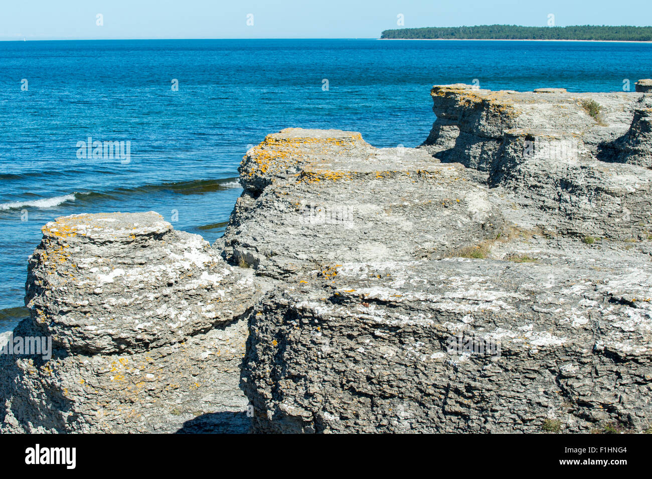 Seastacks at Byrum on northern Oland and the view of the Baltic Sea. Stock Photo