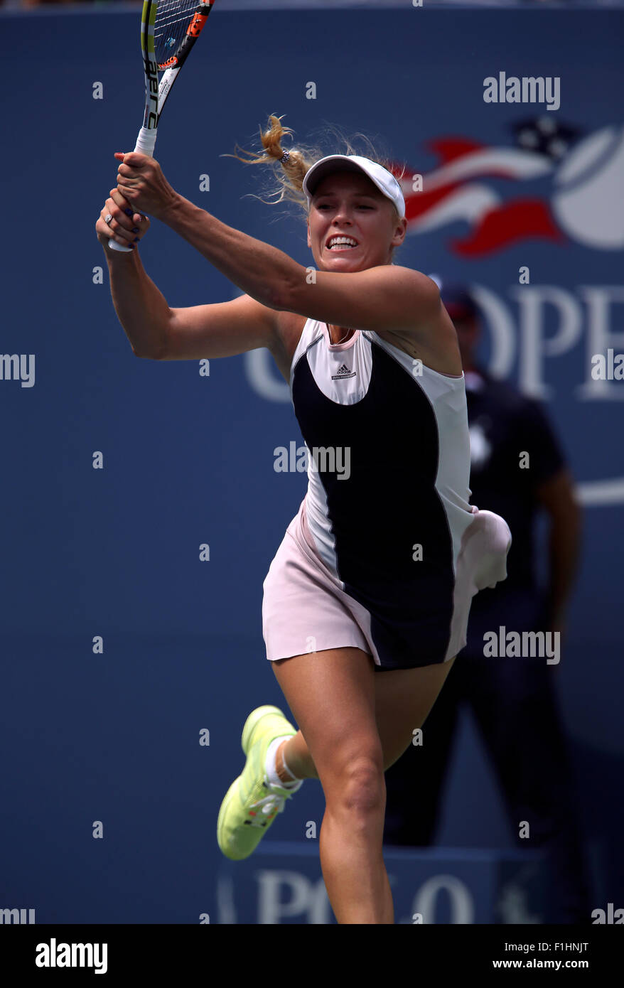 Flushing Meadows, New York, USA. 01st Sep, 2015. Denmark's Caroline Wozniacki, the number 4 seed,  during her first round Jamie Loeb of the United States at the U.S. Open in Flushing Meadows, New York. Credit:  Adam Stoltman/Alamy Live News Stock Photo