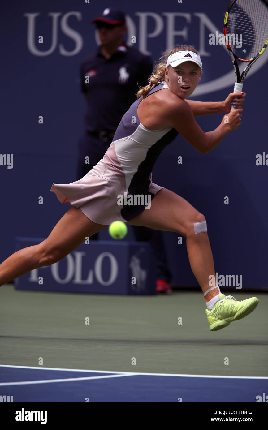 Flushing Meadows, New York, USA. 01st Sep, 2015. Denmark's Caroline Wozniacki, the number 4 seed,  during her first round Jamie Loeb of the United States at the U.S. Open in Flushing Meadows, New York. Credit:  Adam Stoltman/Alamy Live News Stock Photo