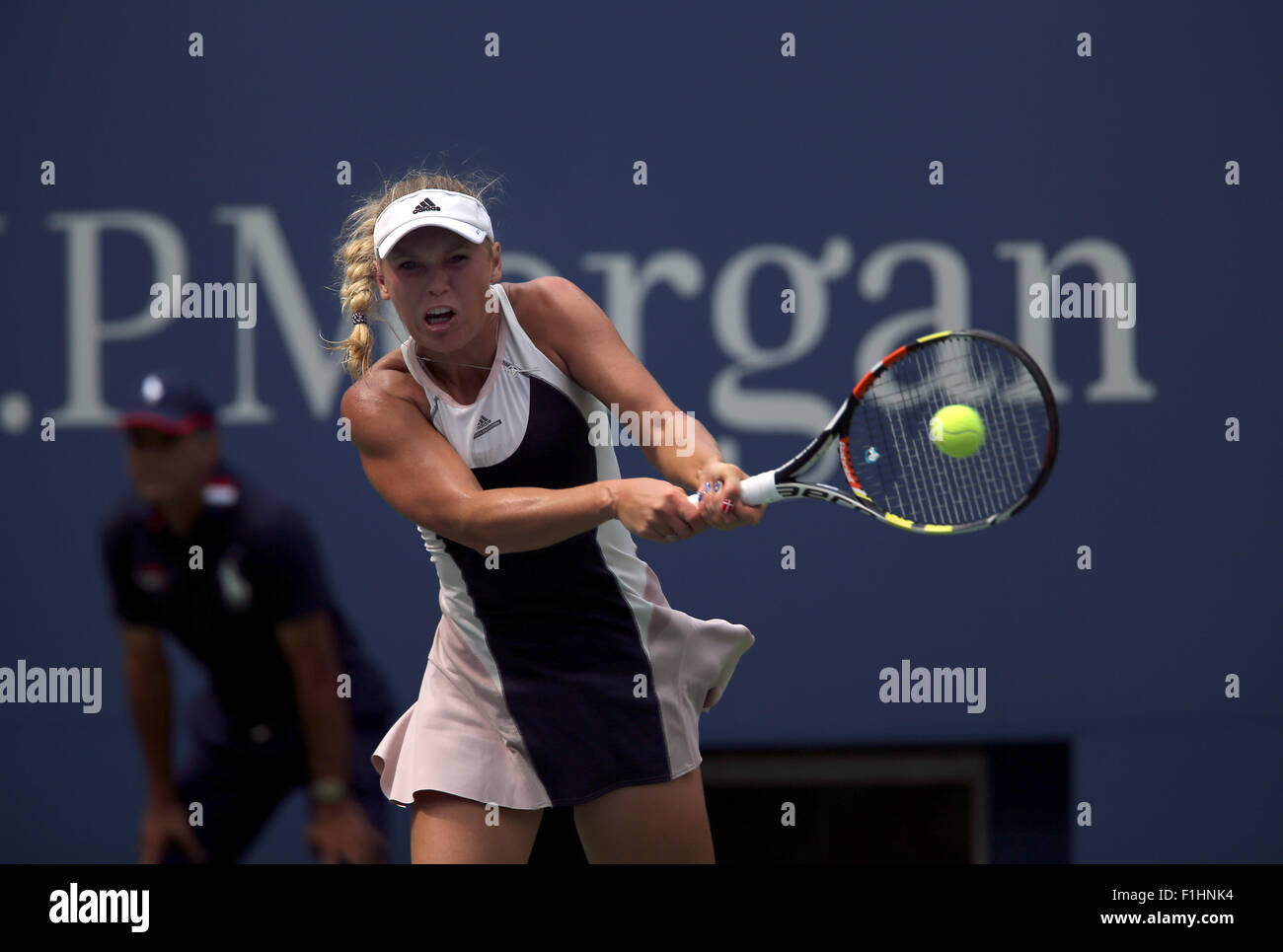 Flushing Meadows, New York, USA. 01st Sep, 2015. Denmark's Caroline Wozniacki, the number 4 seed,  during her first round Jamie Loeb of the United States at the U.S. Open in Flushing Meadows, New York. Credit:  Adam Stoltman/Alamy Live News Stock Photo