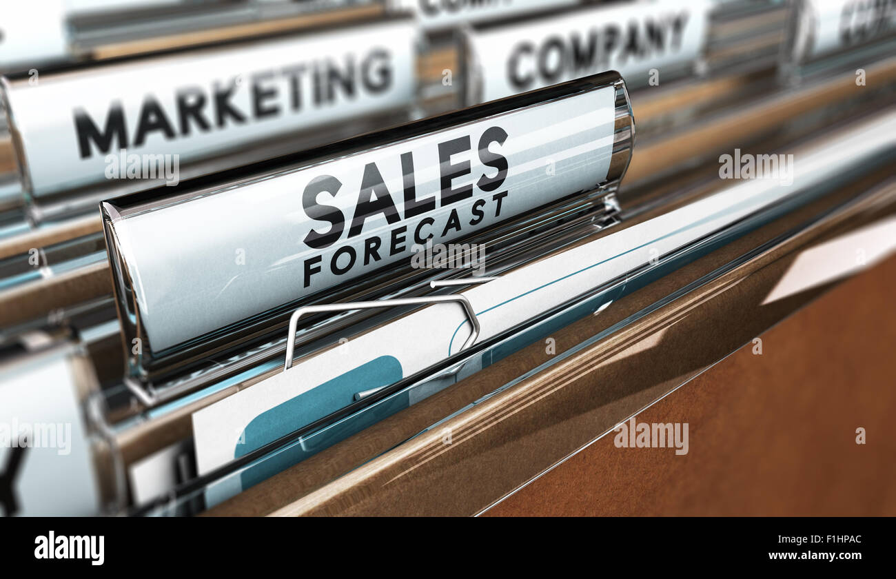 Close up on a file tab with the text sales forecast, focus on the main tab and blur effect. Concept image for illustration of sa Stock Photo