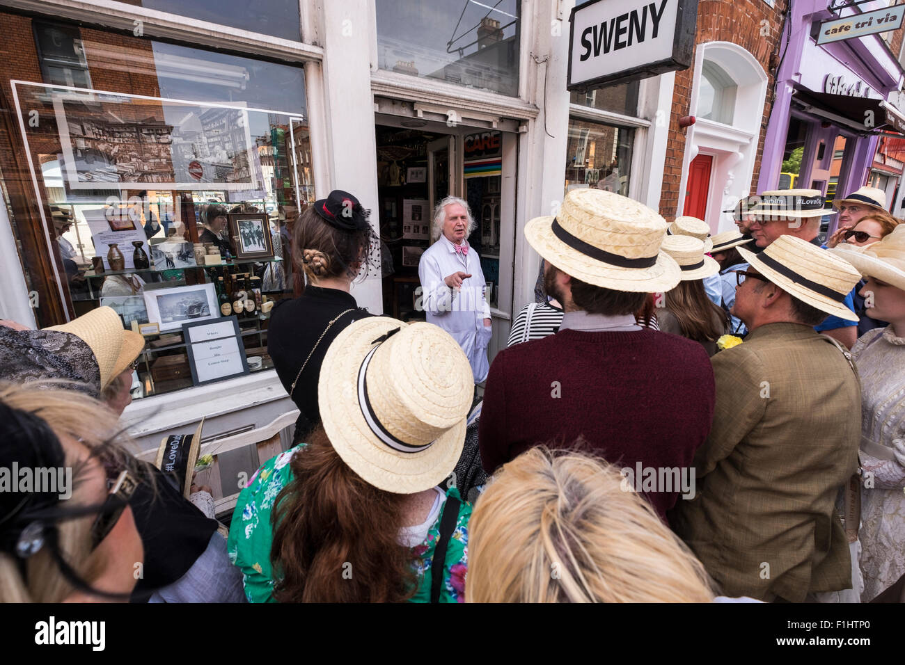 Tour groups visit Swenys chemist shop which appears in James Joyce novel Ulysses. Lincol Place, Dublin, Ireland. Stock Photo