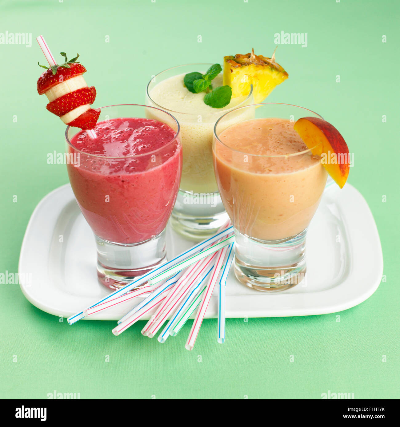 Tray with three glasses of smoothies Stock Photo