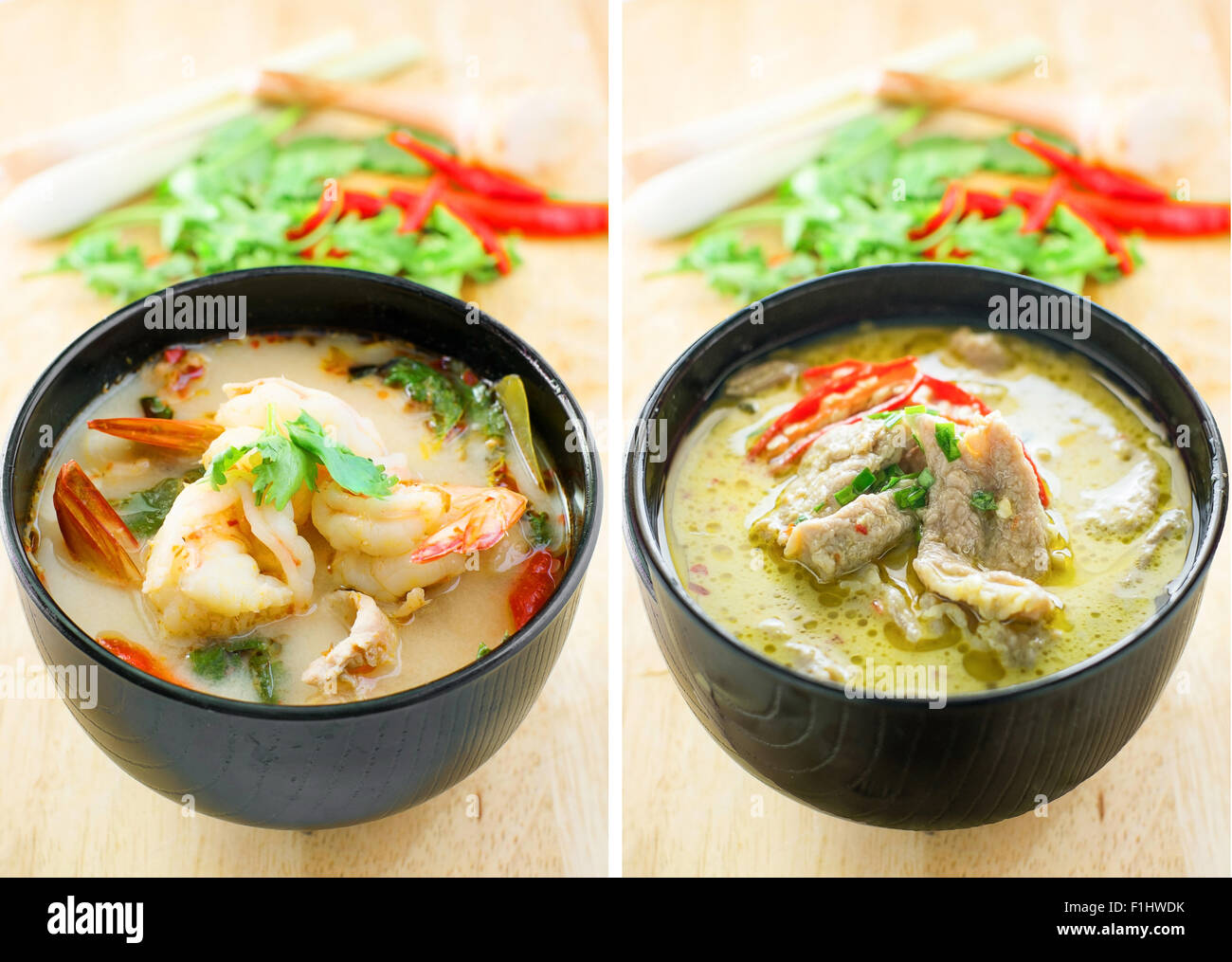 King and Queen of thai food, tom yum kung and green curry pork Stock Photo