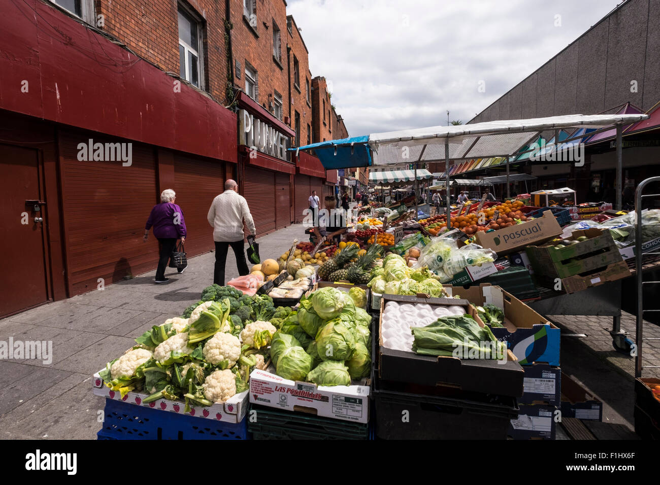 Vegetable and fruit sellers stalls on Moore Street market in Dublin