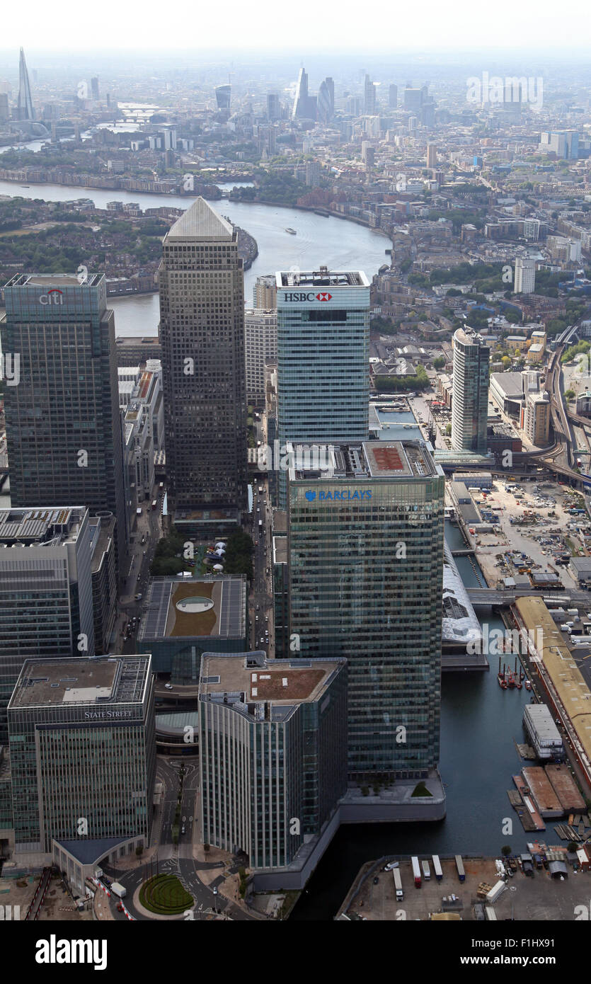 aerial view of Canary Wharf, Docklands & River Thames towards the central London skyline, UK Stock Photo