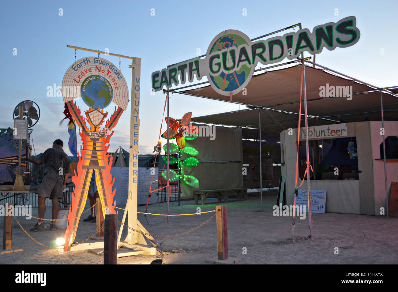 Black Rock City, Nevada, USA. 1st September, 2015. The Earth Guardians Camp in the desert during the annual Burning Man festival September 1, 2015 in Black Rock City, Nevada. Burning Man's official art theme this year is 'Carnival of Mirrors' and is expected to be attended by 70,000 people for the week long event. Stock Photo