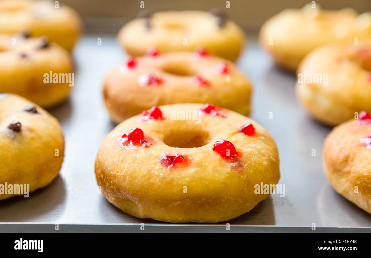 bakery doughnuts with assorted filling on metal tray Stock Photo