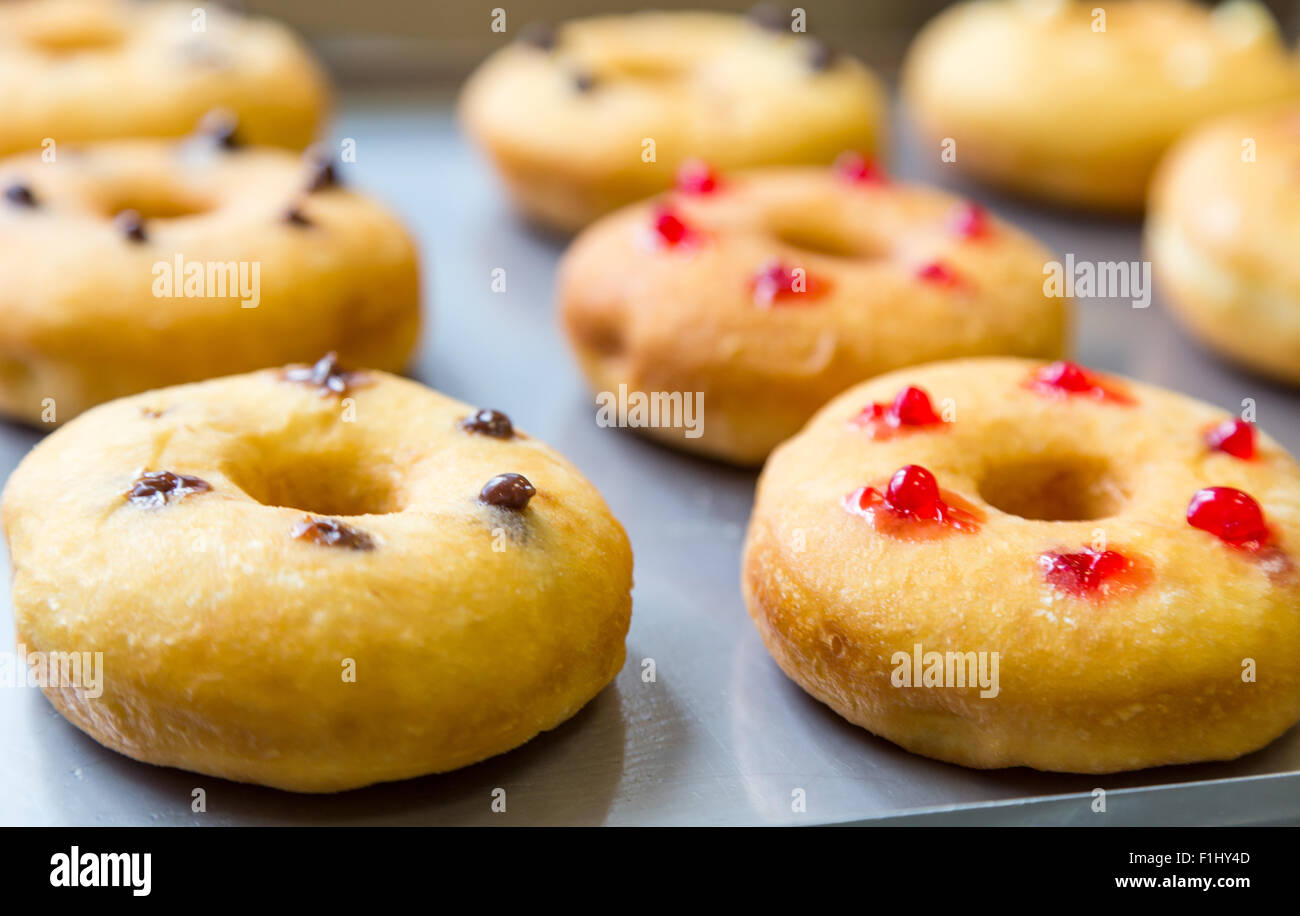 bakery doughnuts with assorted filling on metal tray Stock Photo Alamy