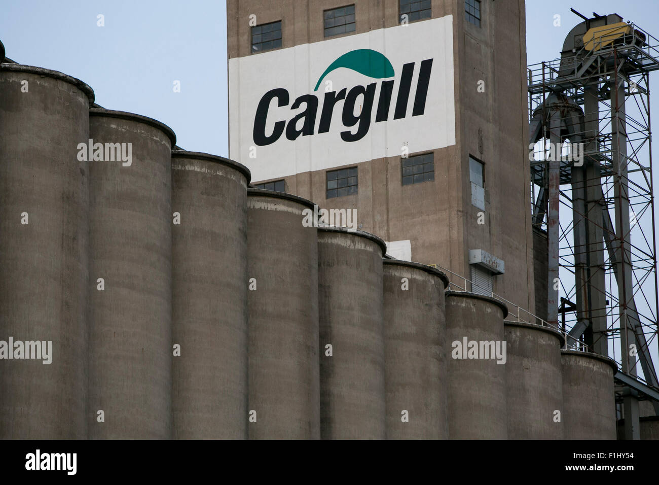 A logo sign outside of a grain elevator facility operated by Cargill, Inc., in Topeka, Kansas