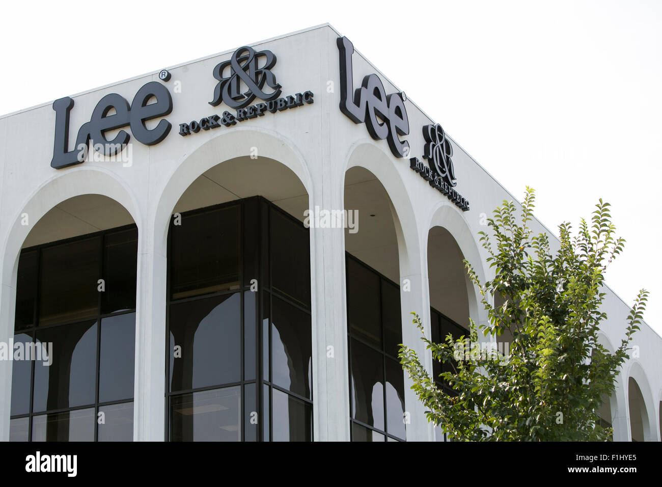 A logo sign outside the headquarters of Lee Jeans, a division of the VF Corporation in Merriam, Kansas on August 23, 2015. Stock Photo