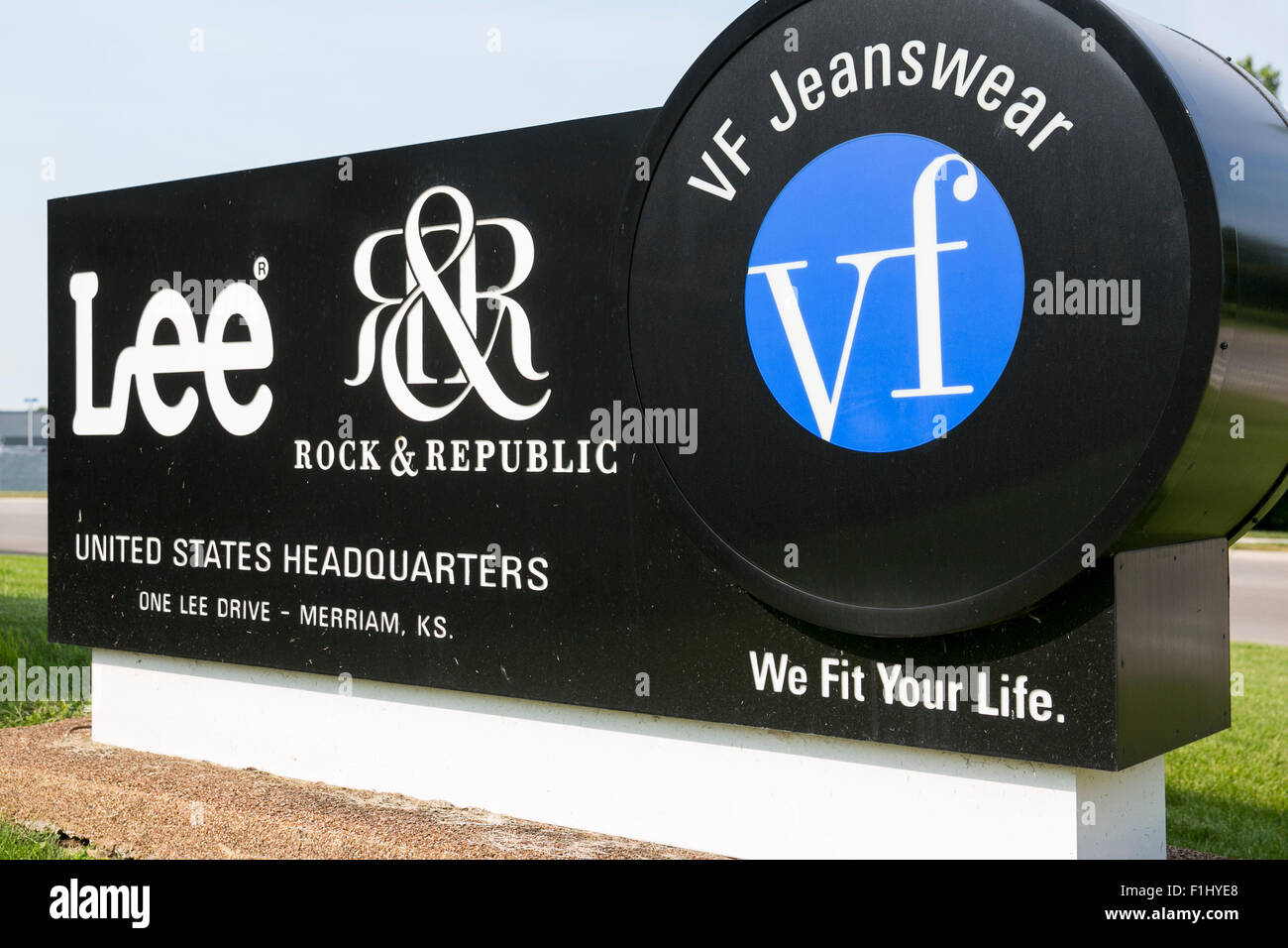 A logo sign outside the headquarters of Lee Jeans, a division of the VF Corporation in Merriam, Kansas on August 23, 2015. Stock Photo