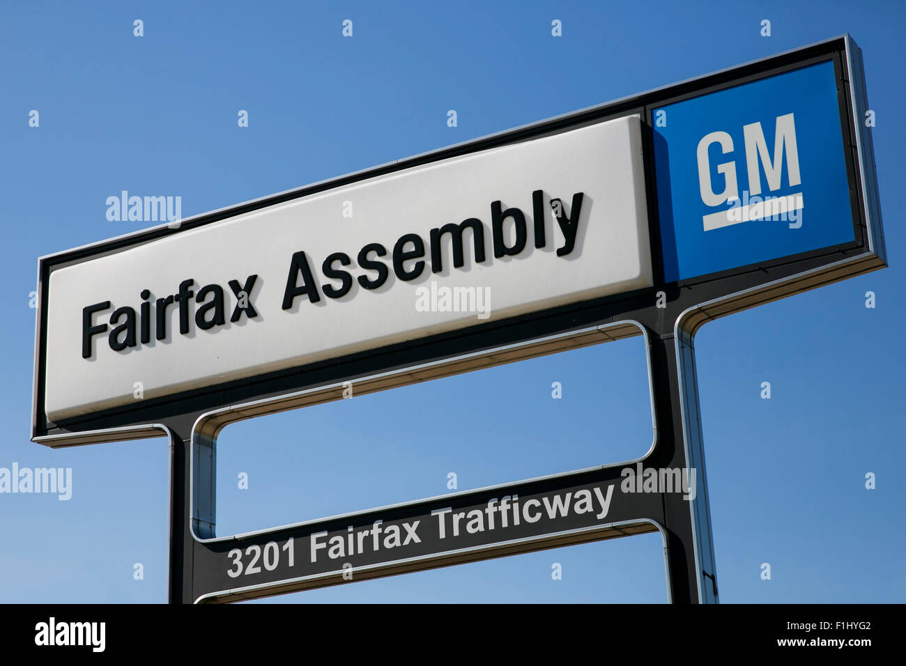 A logo sign outside of the General Motors Fairfax Assembly Plant in Kansas City, Kansas on August 23, 2015. Stock Photo
