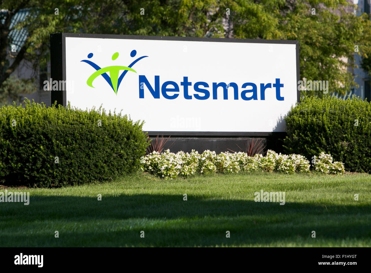 A logo sign outside of the headquarters of Netsmart Technologies in