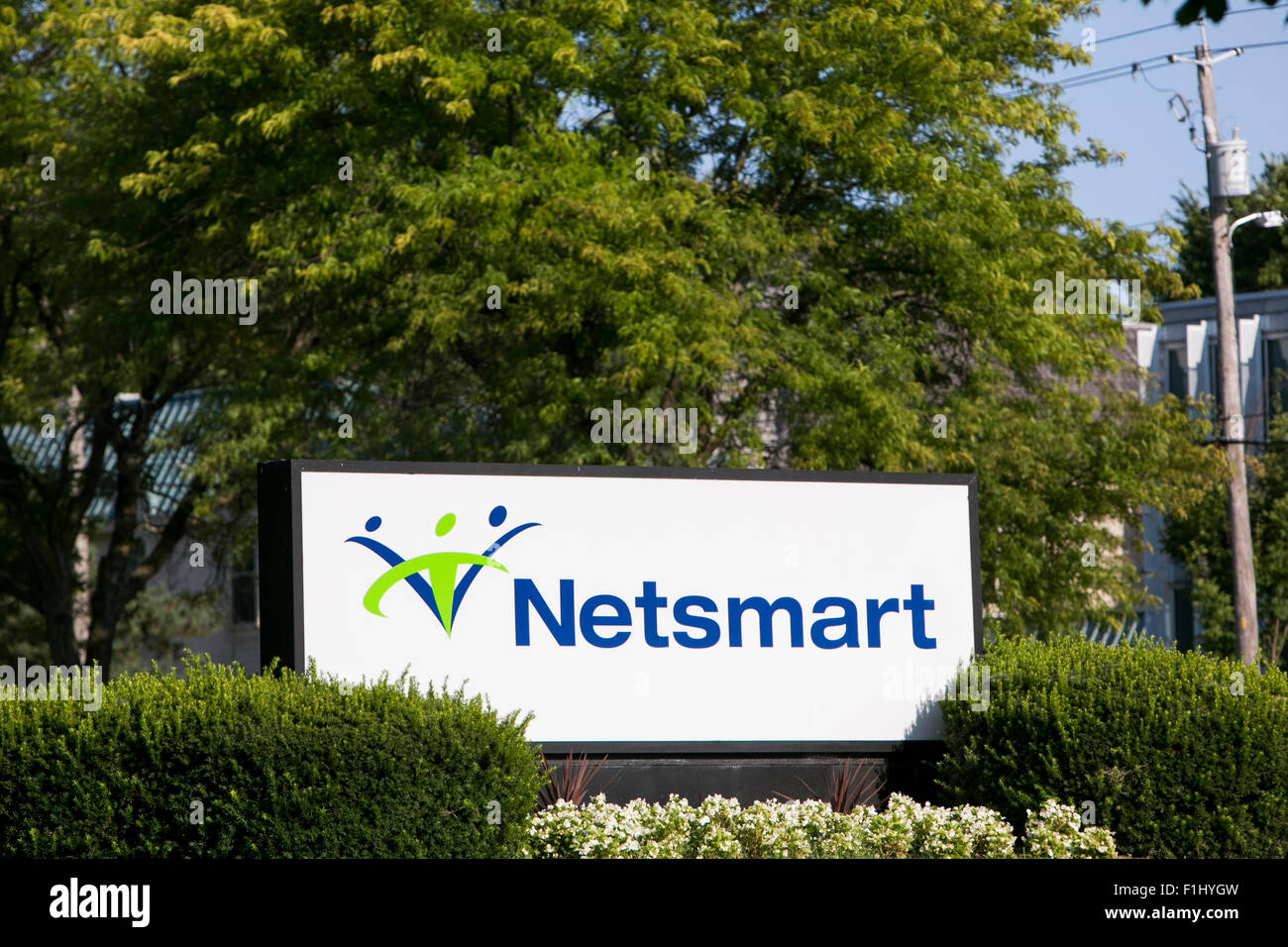 A logo sign outside of the headquarters of Netsmart Technologies in