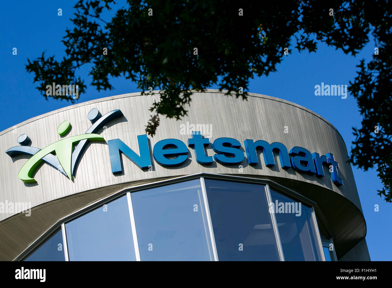 A logo sign outside of the headquarters of Netsmart Technologies in
