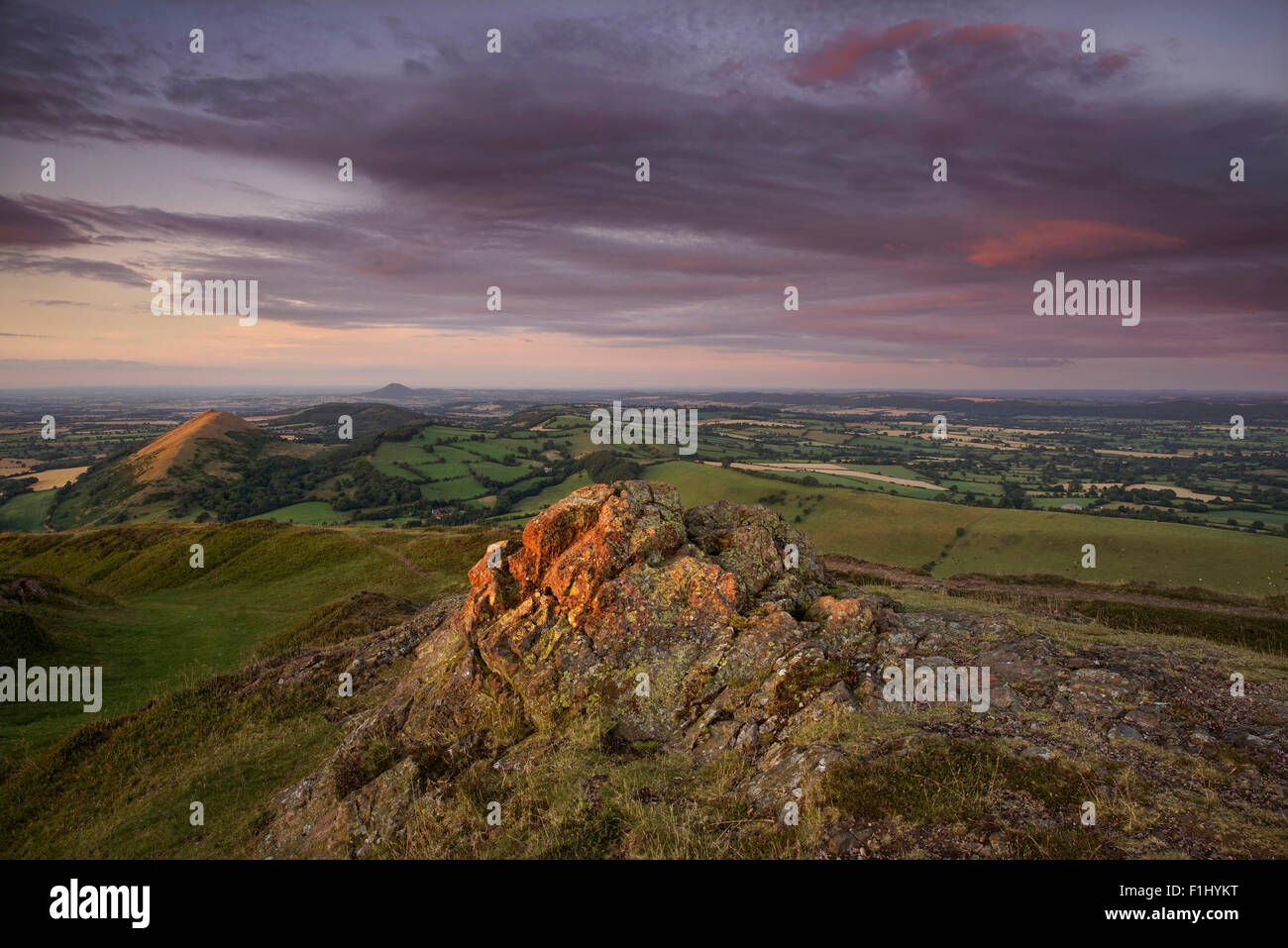 The view from the summit of Caer Caradoc towards The Lawley and The Wrekin at Sunset, Church Stretton, Shropshire, UK Stock Photo