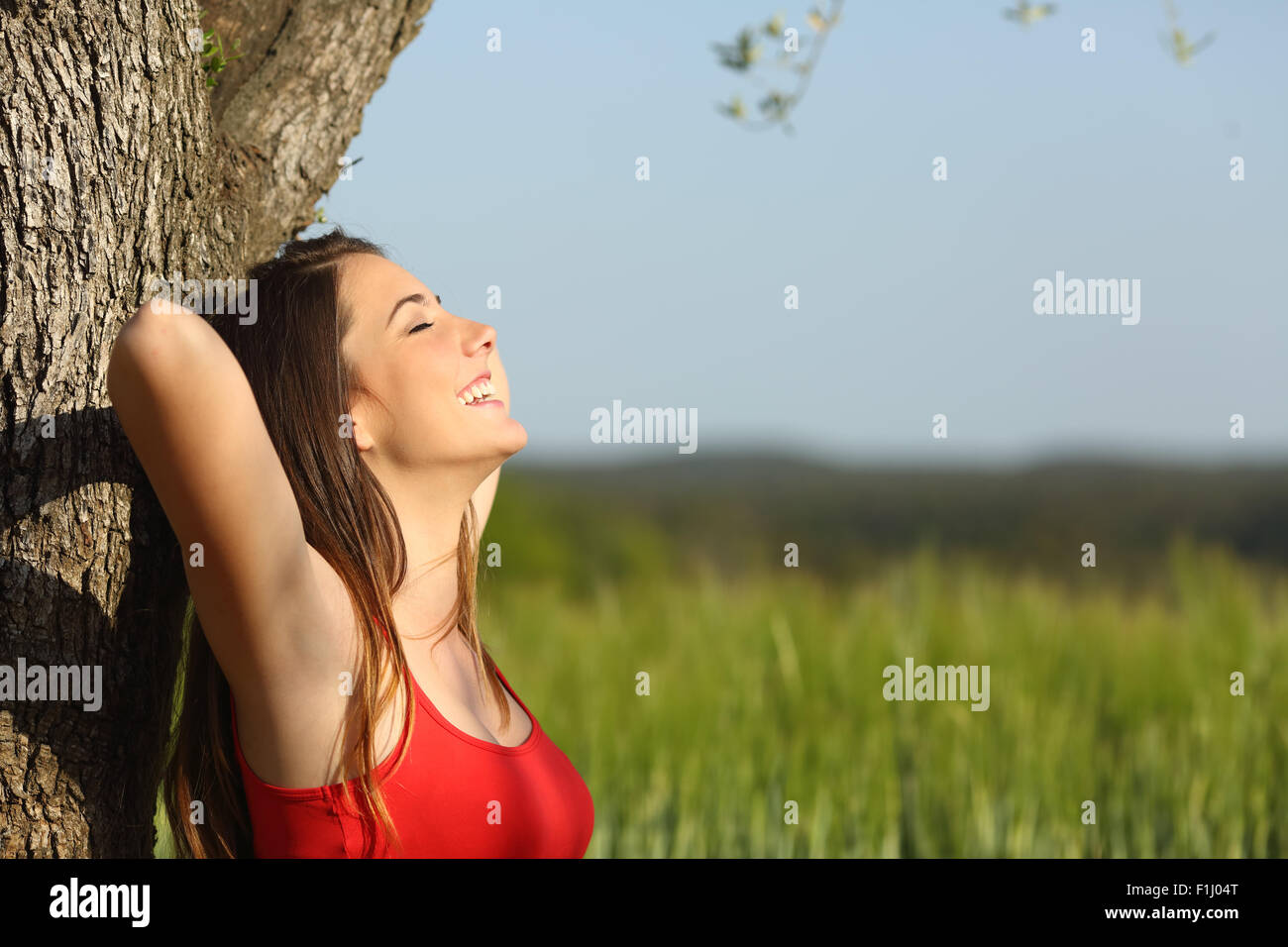Woman resting and relaxed comfortable leaning in a tree in a meadow in summertime Stock Photo
