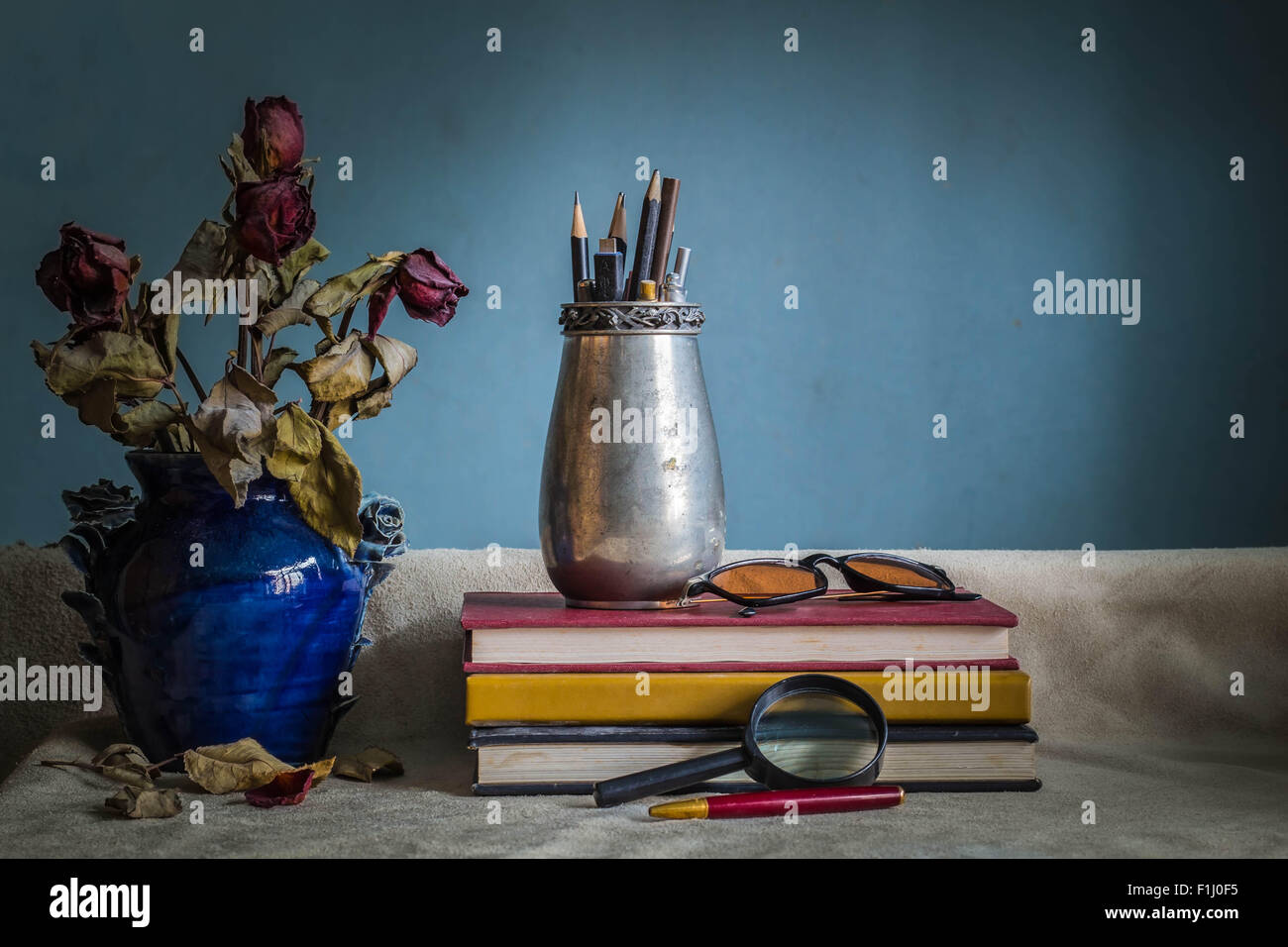 Stationery and flower vase on the table Stock Photo Alamy