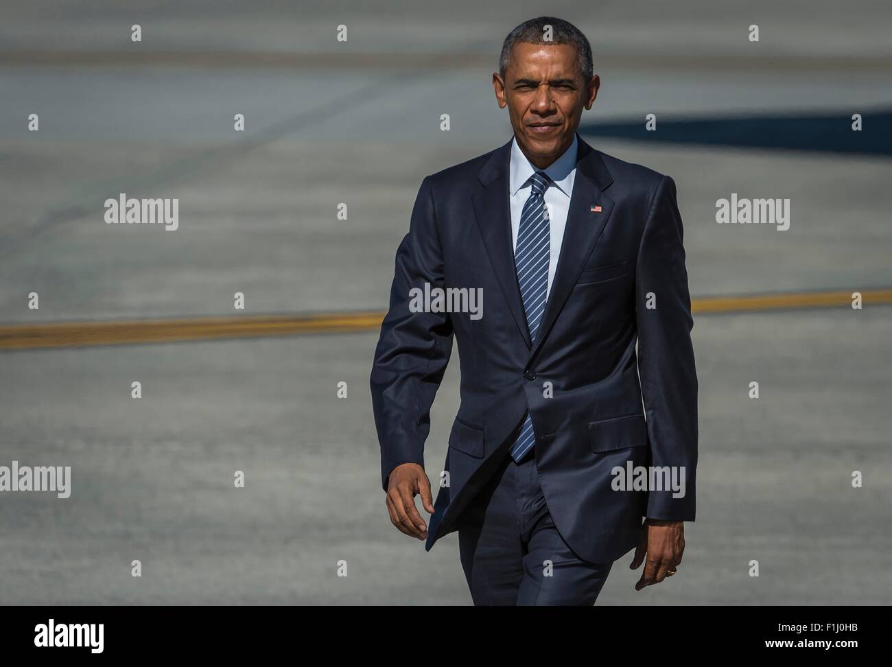 U.S. President Barack Obama arrives at Joint Base Elmendorf-Richardson to speak at the Conference on Global Leadership in the Arctic and visit the state August 31, 2015 in Anchorage, Alaska. The GLACIER conference deals with urgent issues facing the Arctic. Stock Photo