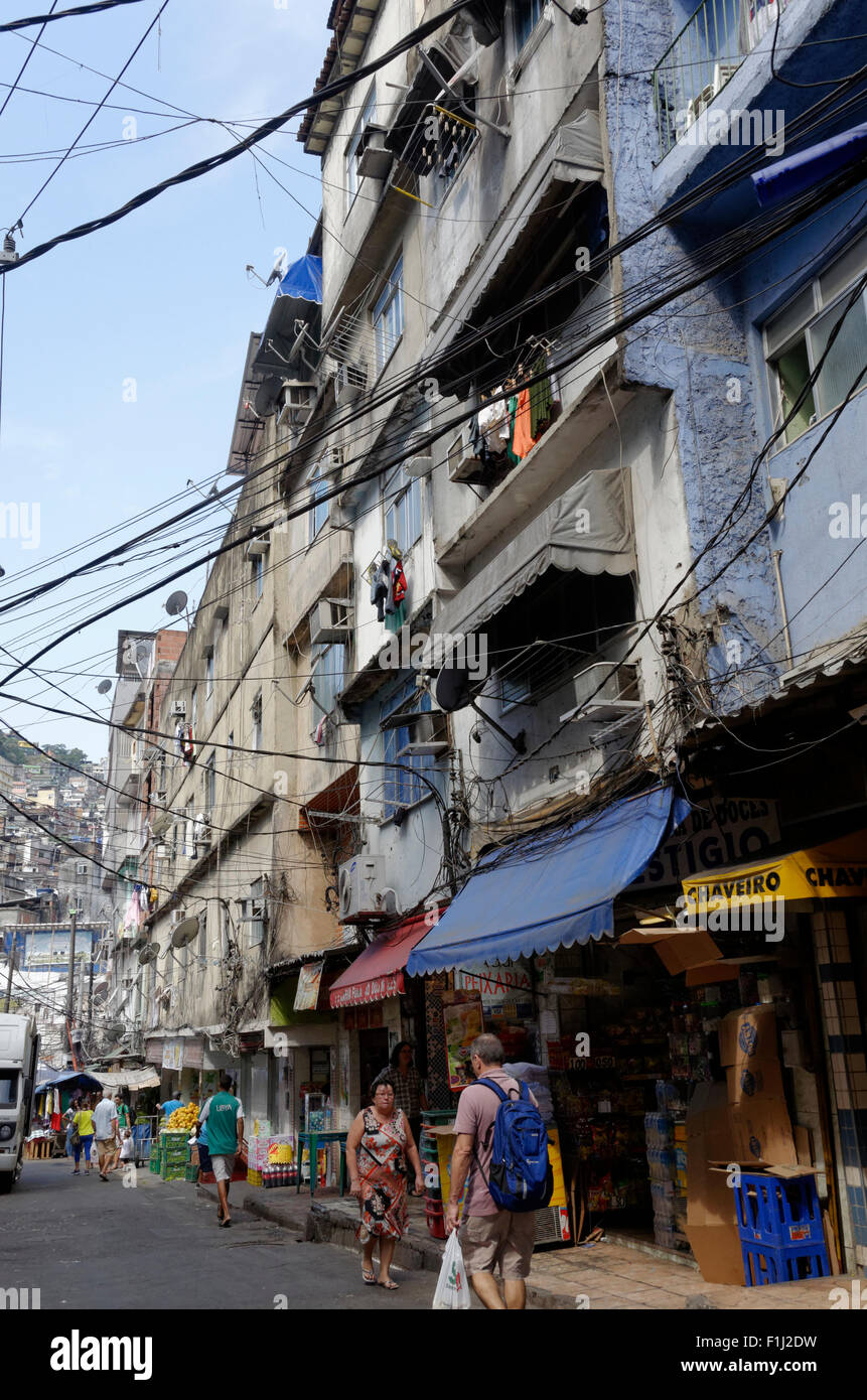 Messy overhead cabling and multi story buildings in the Rochina Favela, rio De Janerio, Brazil Stock Photo