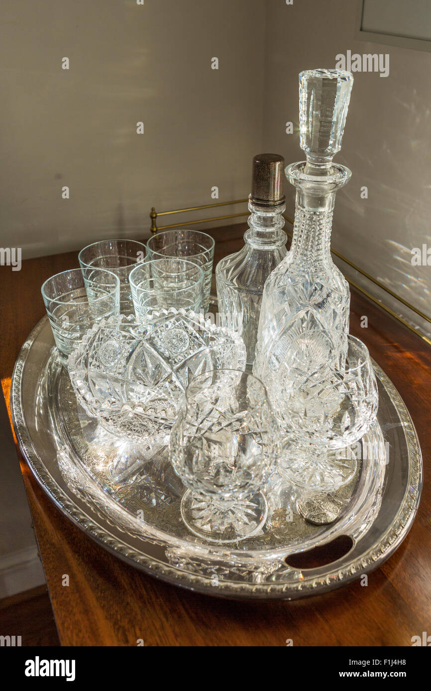 VIRGINIA, USA - Crystal glass on silver platter. Stock Photo