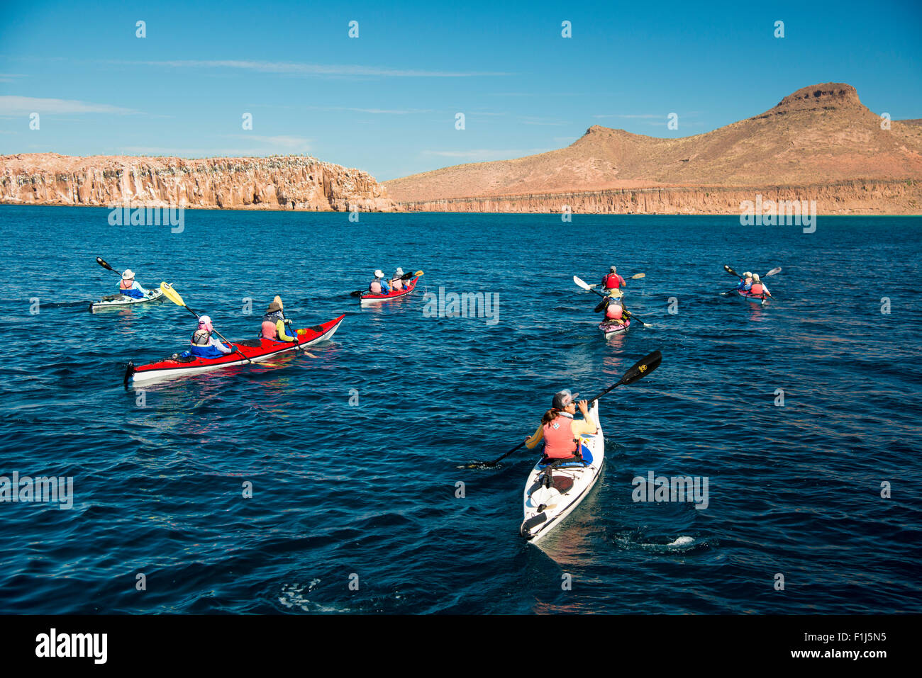Mexico, Baja, Lapaz, Espiritu Santo. Tourists kayaking. Stock Photo