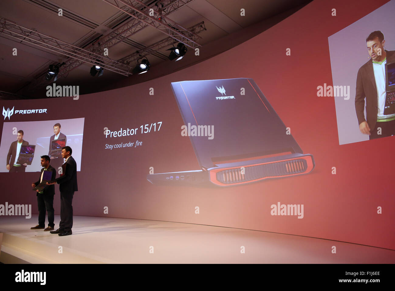 Berlin, Germany, 2st September, 2015: CEO of Acer, Jason Chen presents recent Predator notebook during media conference at IFA consumer electronics unlimited fair 2015. Stock Photo