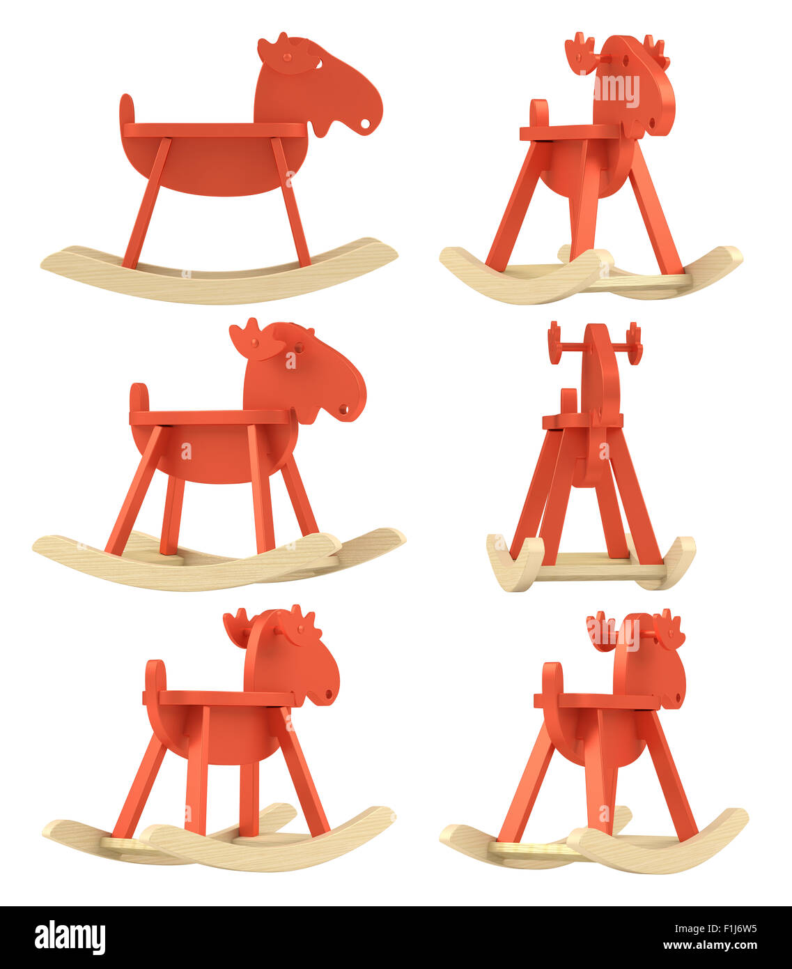 Set of different view of wooden elk, rocking toy, rendered model Stock