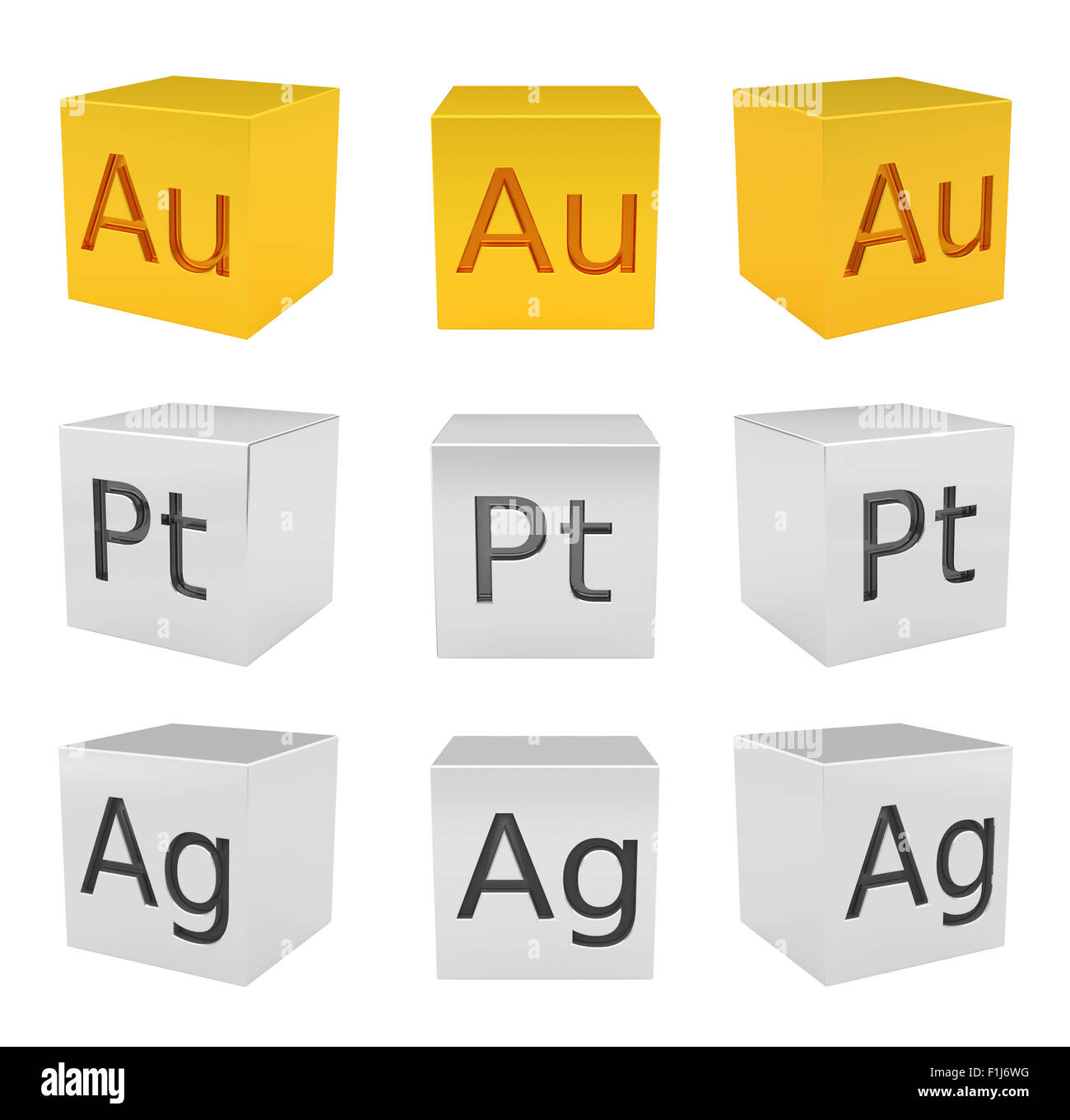 Noble metal cubes gold, silver, platinum, front-top view, rendered model Stock Photo