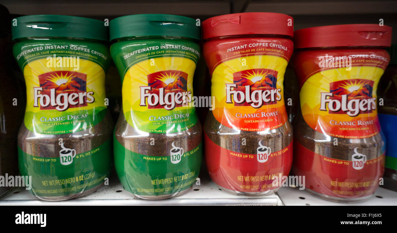 A display of Folgers coffee on a supermarket shelf in New York on Saturday, August 29, 2015. J.M. Smucker Co. reported coffee business rose 12 percent for the first time in 11 quarters bringing up the company's overall results.  Smucker makes Folgers and the Dunkin Donuts brand coffees. (© Richard B. Levine) Stock Photo