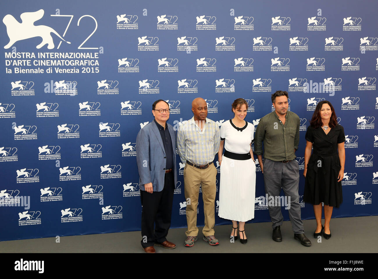 Venice, Italy. 2nd September, 2015. Roger Garcia, Charles Burnett, Daniela Michel, President Saverio Costanzo and Natacha Laurent poses at a photocall for the 'Opera Prima Jury' during the 72th annual Venice International Film Festival on 2 September,2015 in Venice Credit:  Andrea Spinelli/Alamy Live News Stock Photo