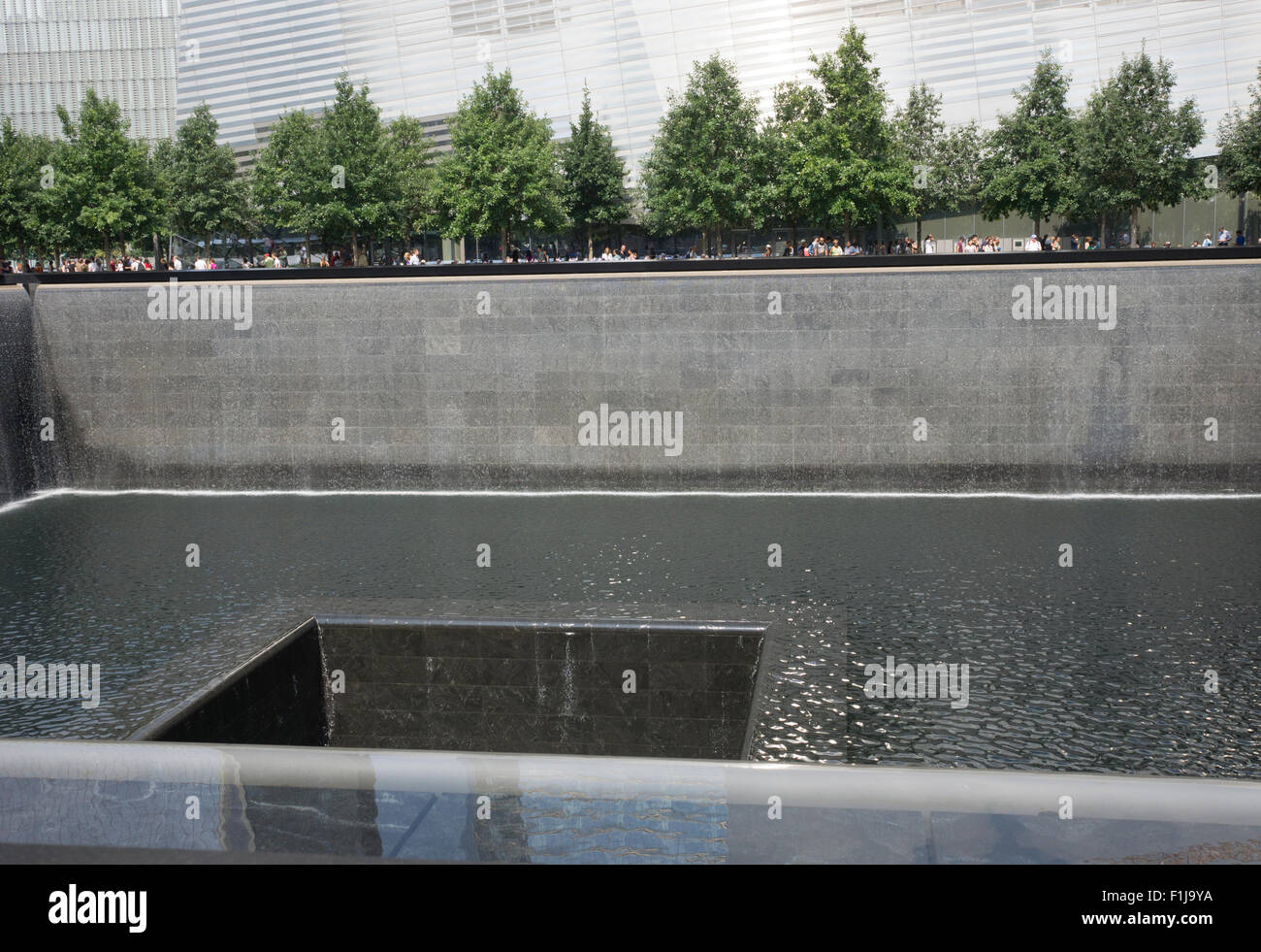 One of the pools at the Sept. 11 memorial in Manhattan. There are two pools, that stand on the footprints of the Twin Towers. Stock Photo