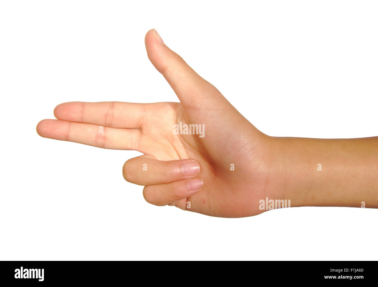 Female caucasian hand gesture of two pointing fingers isolated on white background. Gun concept Stock Photo