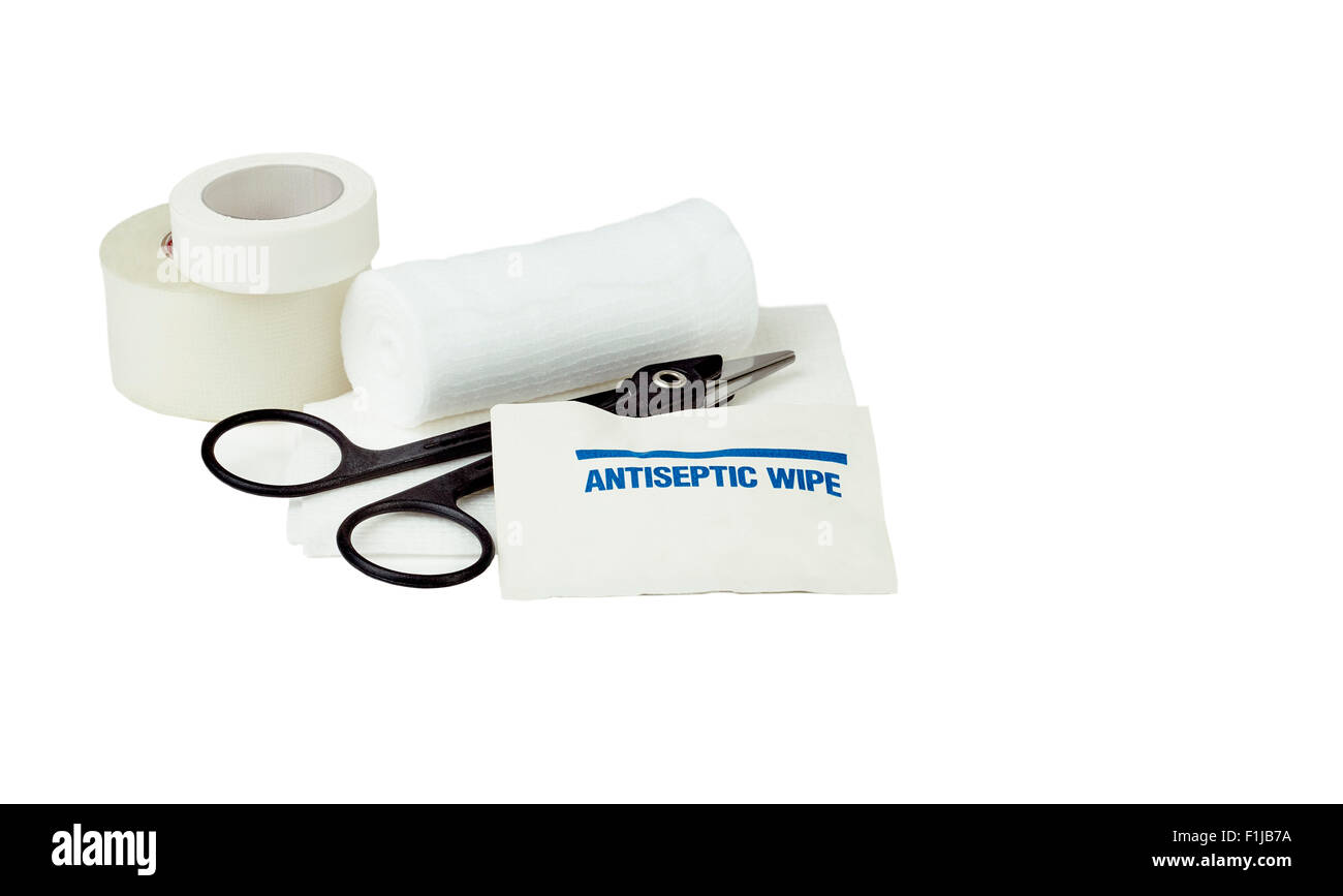 White gauze bandage roll and pad with antiseptic wipe, medical scissors