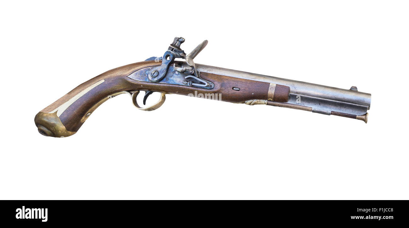 1807 Harpers Ferry flintlock pistol on a white background. Stock Photo