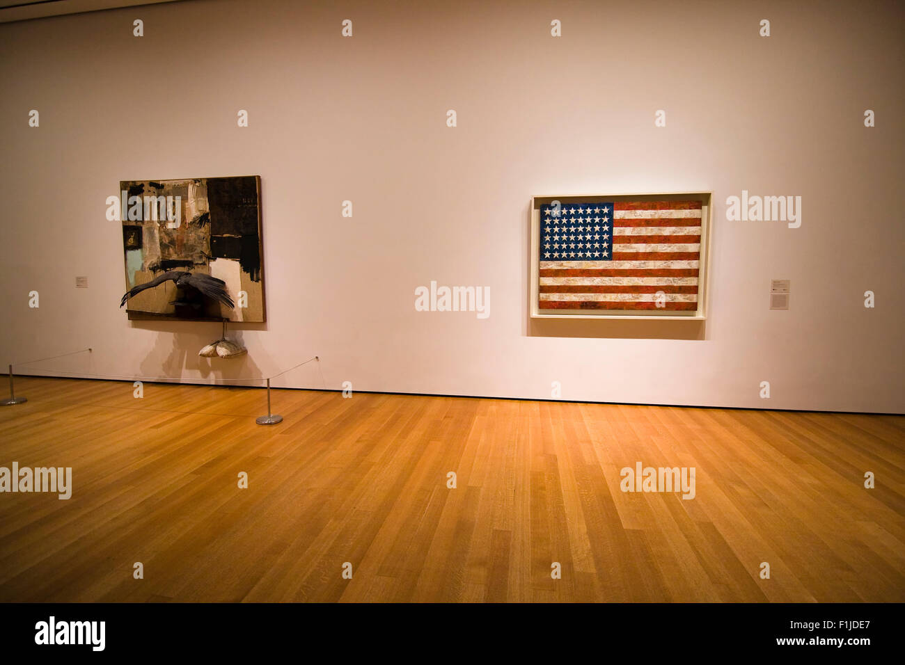 Paintings by Robert Rouschenberg and Jasper Johns inside a gallery at the Museum of Modern Art in New York City Stock Photo