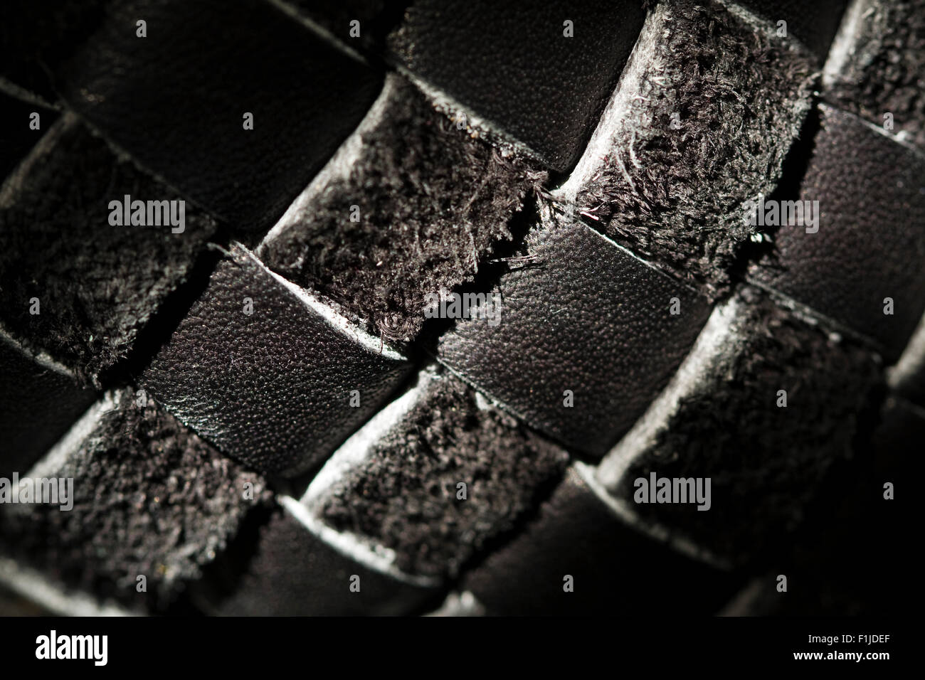 Close up of a Basket Weave Pattern in black leather strips Stock Photo