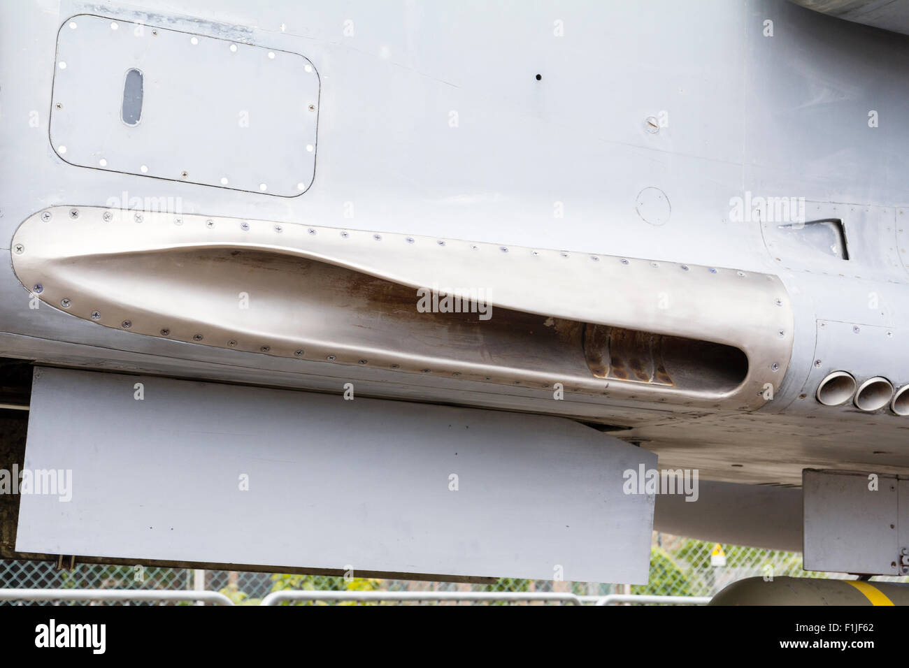 Manston airport museum. British GR3 Jaguar Fighter, 30mm DEFA cannon port, Aden 30 mm cannon on lower fuselage. Stock Photo