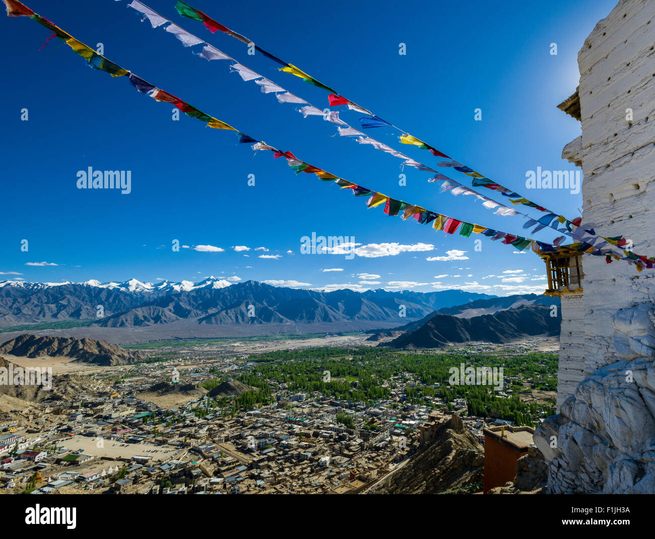 The monastery Namgyal Tsemo Gompa and Tsemo Fort, surrounded by Tibetan prayer flags, high above the old part of town on a Stock Photo