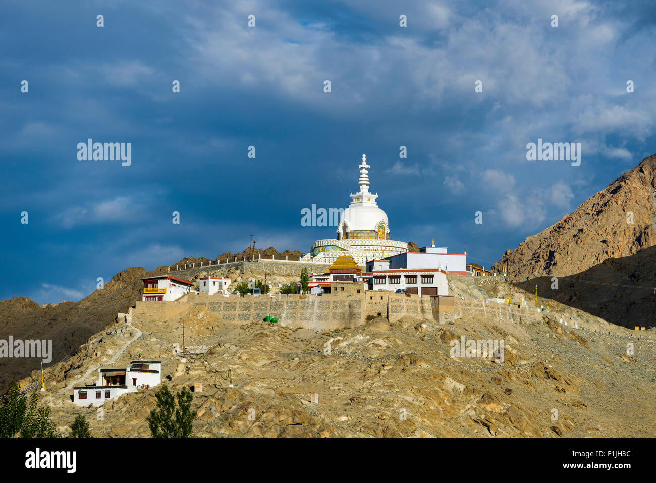 Japanese Stupa, erected in 1991, on a mountain ridge high above the village Changspa, Leh, Jammu and Kashmir, India Stock Photo