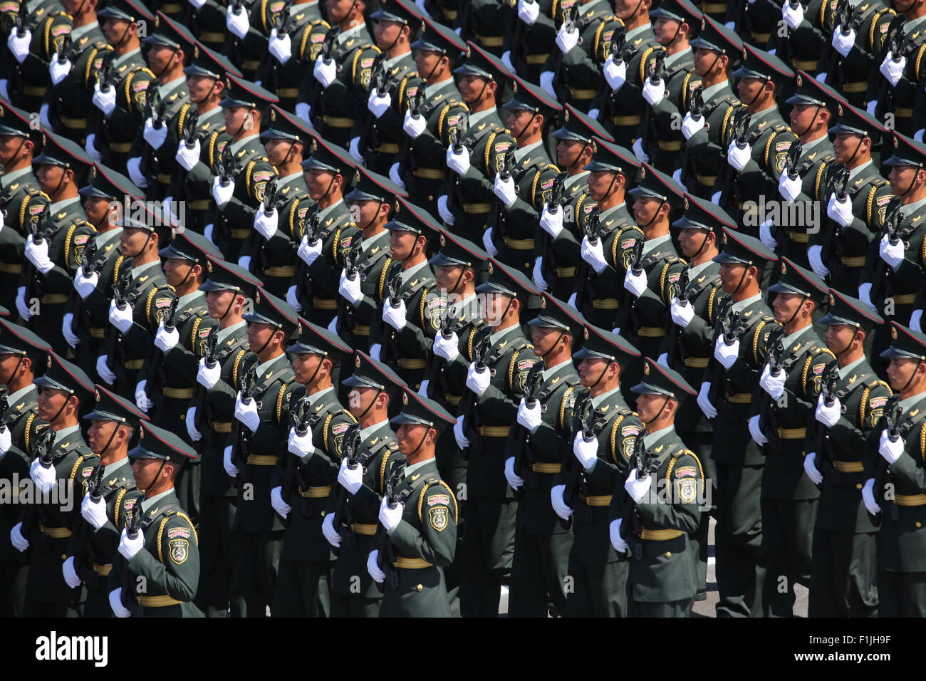 Beijing, China. 3rd Sep, 2015. A phalanx honoring heros of the 'South China Guerrilla' attends a parade in Beijing, capital of China, Sept. 3, 2015. China on Thursday held commemoration activities, including a grand military parade, to mark the 70th anniversary of the victory of the Chinese People's War of Resistance Against Japanese Aggression and the World Anti-Fascist War. Credit:  Yin Gang/Xinhua/Alamy Live News Stock Photo