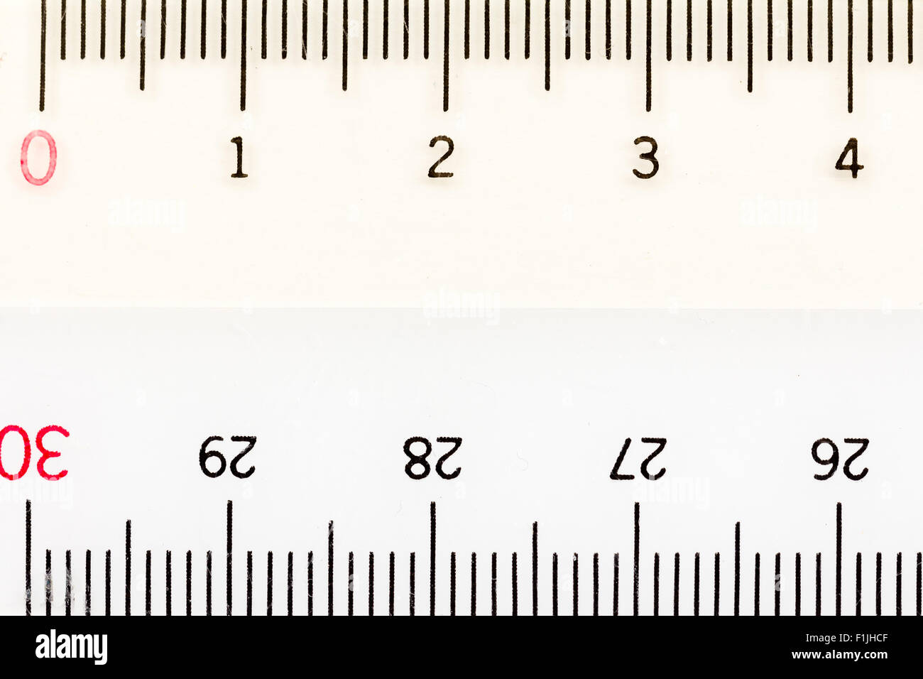 Rulers. White plastic ruler showing 0-4 c m on one edge and 26-30 on other  edge. ) and 30 in red, other numbers in black. Fills frame Stock Photo -  Alamy