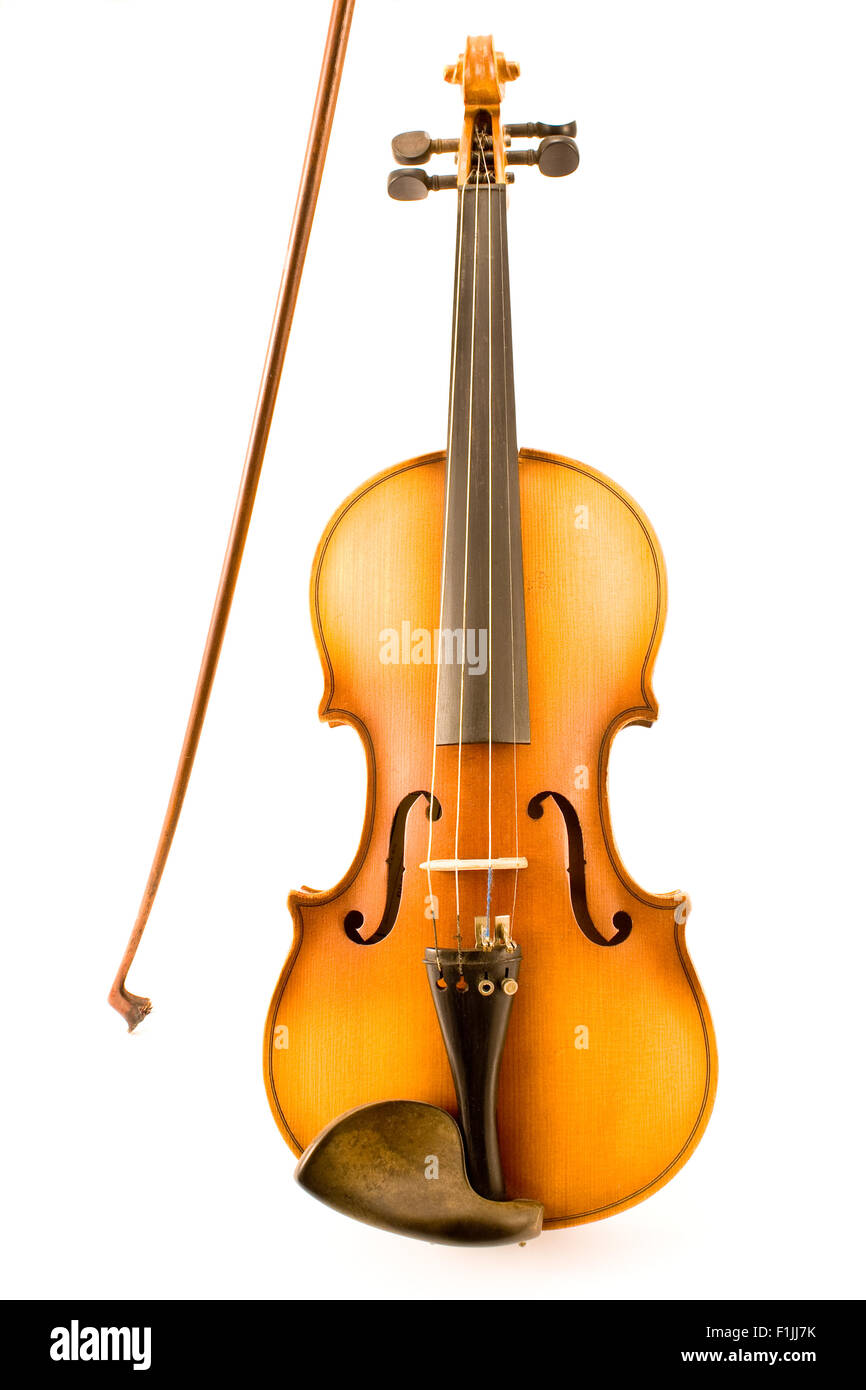 Old Violin with Bow isolated on white Stock Photo