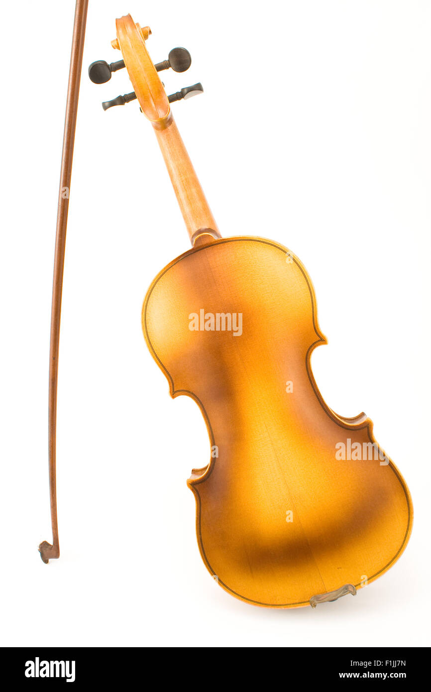 Backside body of old violin with bow isolated on white Stock Photo
