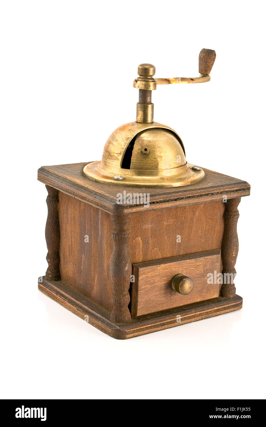 Old coffee mill isolated on white Stock Photo Alamy