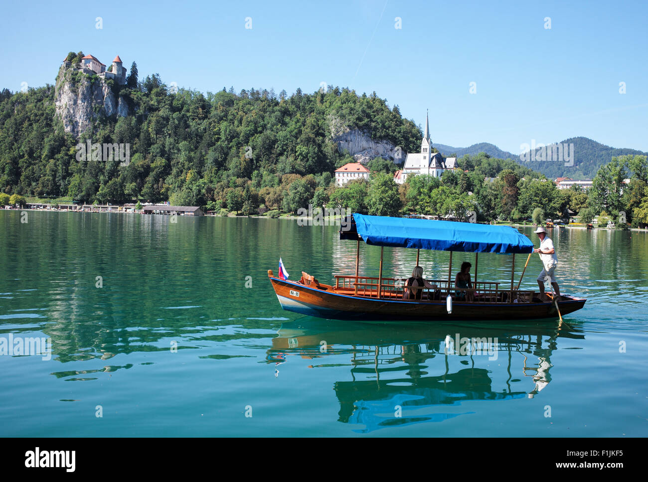 A traditional Pletna boat on lake Bled, Slovenia Stock Photo